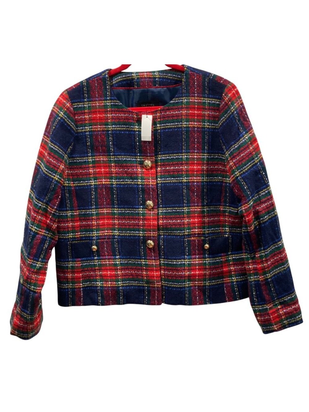 Talbots Tweed Jacket 14 Blue Red Glee Plaid Classic Academia Twee Preppy Office